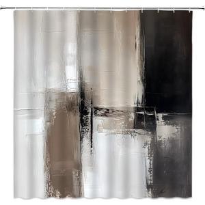 Brown and Grey Shower Curtain Tan Black Abstract Art Oil Painting Modern Brush Strokes Contemporary Aesthetic Vintage Fabric Bathroom Curtain Set with Hooks (70"W x 70"L (Pack of 1))