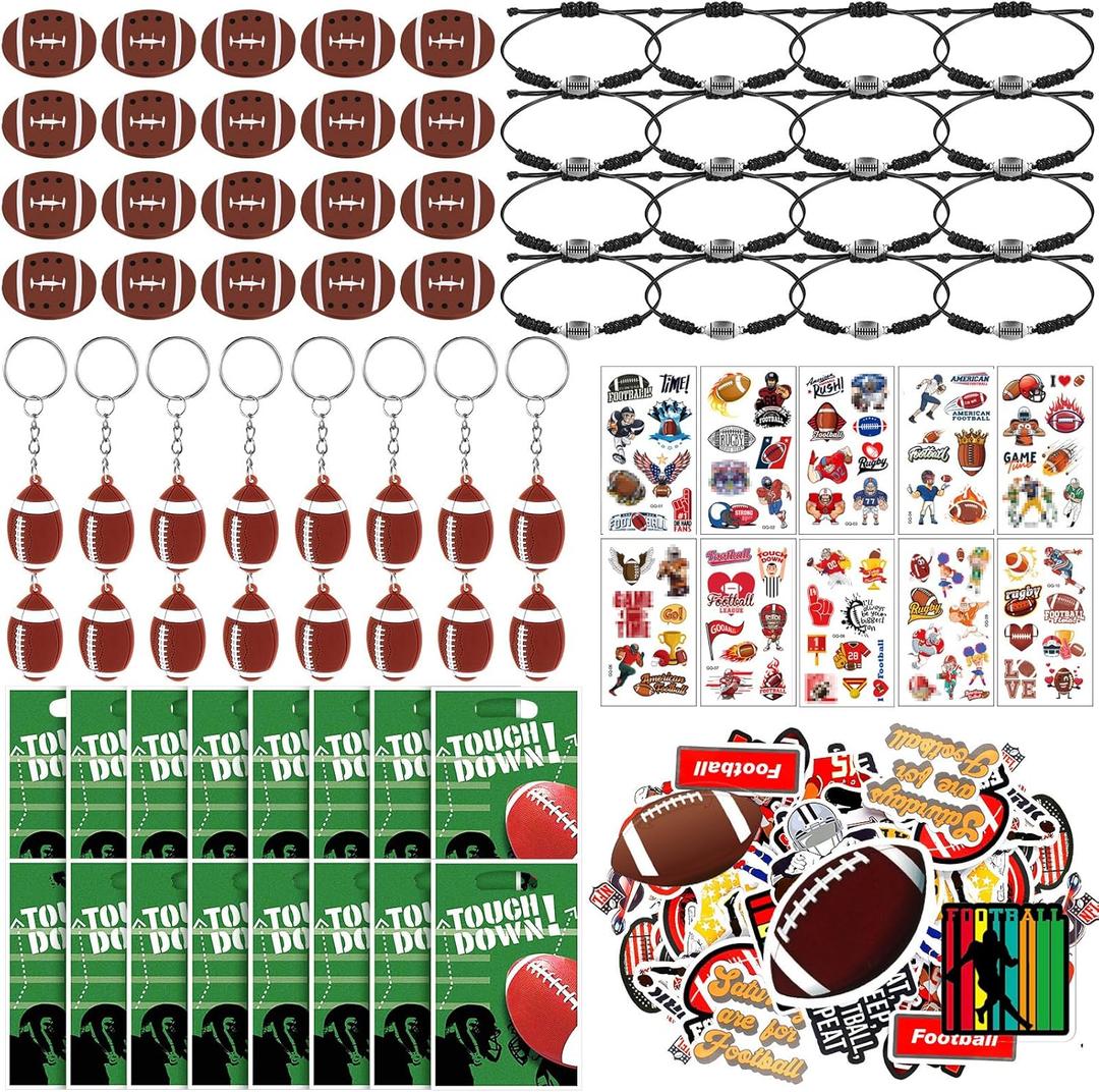 140 Pcs Sports Party Favors Basketball Baseball Soccer Football Birthday Gifts Include Keychain Goodie Bags Charm Bracelet Stickers Erasers Tattoo Ball Favor for Classroom Reward (Football)