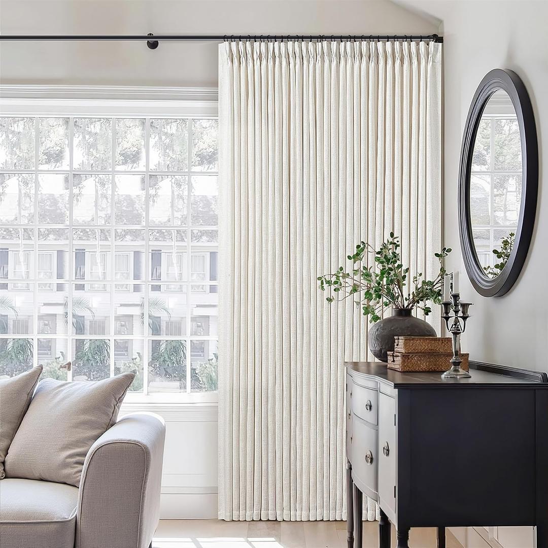 TWODRAPES Pinch Pleated Extra Wide Curtain Panels 90 Inches Long 70 Wide Linen Curtain for Patio Sliding Glass Door Cream Hooks Rings Semi Sheer Privacy 90 Inch Length for Living Room 70x90 1 Panel