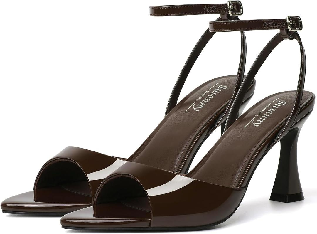 Susanny High Heels for Women Pointed Open Toe Strappy Chunky Block Heels Ankle Strap Stiletto Kitten Heeled Sandals Wedding Bridal Party Prom Sexy Dress Shoes, Size 7
