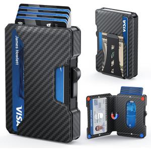 Slim Wallet for Men - Minimalist Mens Wallet with Money Clip, Aluminum Pop Up Card Case and Leather Slots Credit Card Holder RFID Blocking Wallet for Men with Gift Box (Carbon Fiber)