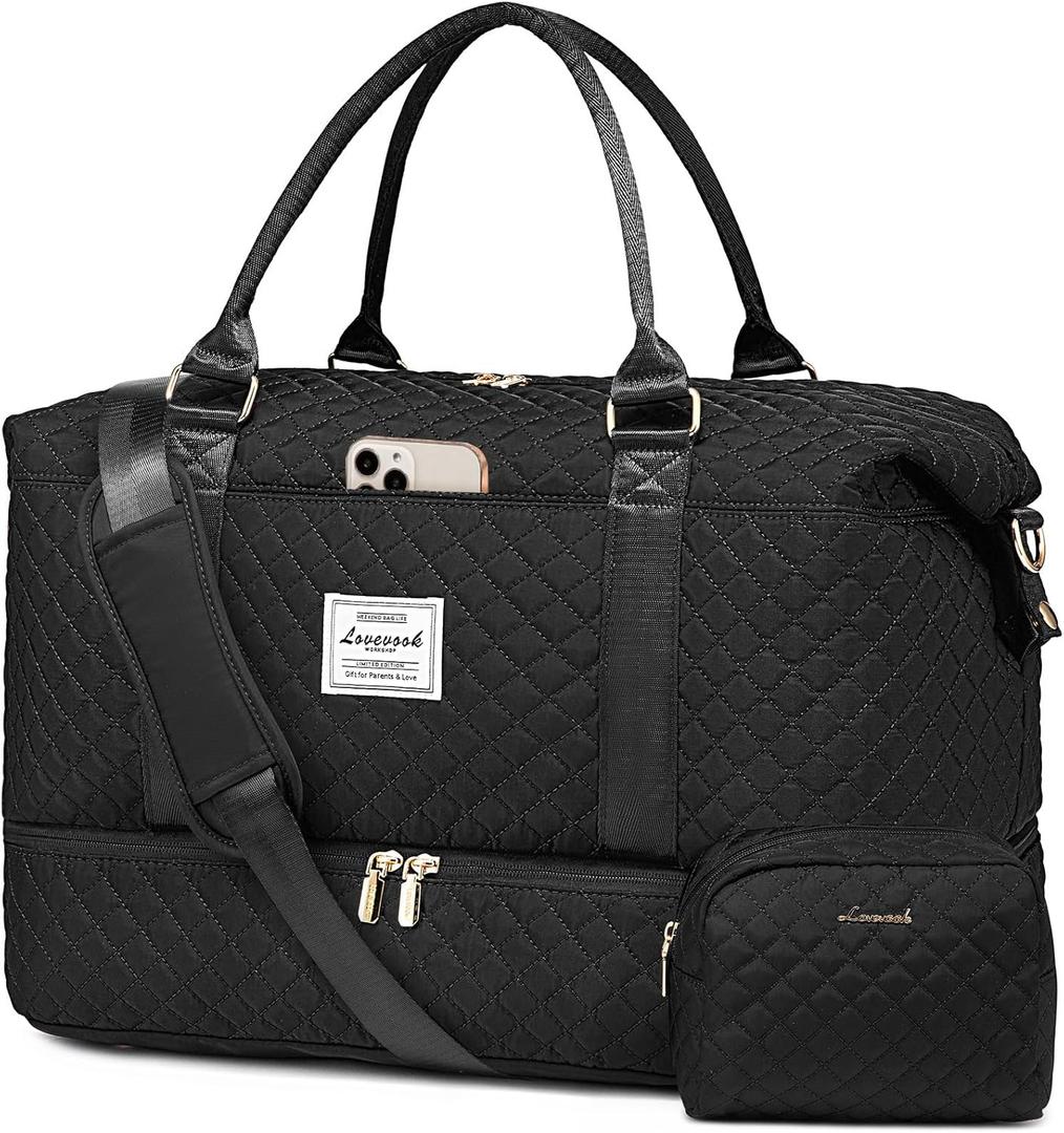 LOVEVOOK Travel Duffle Bag,Weekender Bags for Women with Shoe CompartmentCarry on Overnight Bag with Toiletry Bag,Gym Duffel Bag with Wet Pocket, Hospital Bags for Labor and Delivery (Extra Large-2 Pcs, Black-L3)