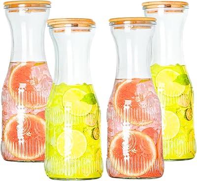 Glass Carafe Pitchers with Lids, Set of 4 1 Liter Embossed Designed Beverage Pitcher Carafe Set for Mimosa Bar, Juice Container for Brunch, Cold Water, Juice -With 4 Wooden Chalkboard Tags