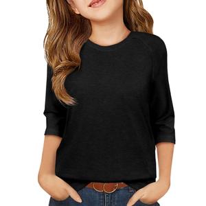 ZDC Girls Casual 3/4 Sleeve T Shirts Kids Cute Crewneck Tops Basic Tees Blouse for 5-14 Years Black