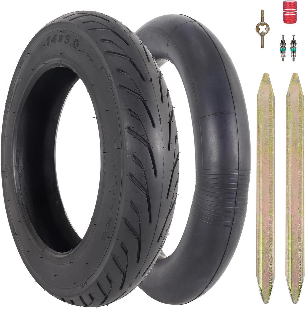 14x3.0 E-Bike Tire Set - 14x3 Bike Tire Tube with Angled Valve for Folding E-Bike, Folding Bicycle, Electric Tricycle - with Wide Range of Practical Accessories - 1/2 Pack