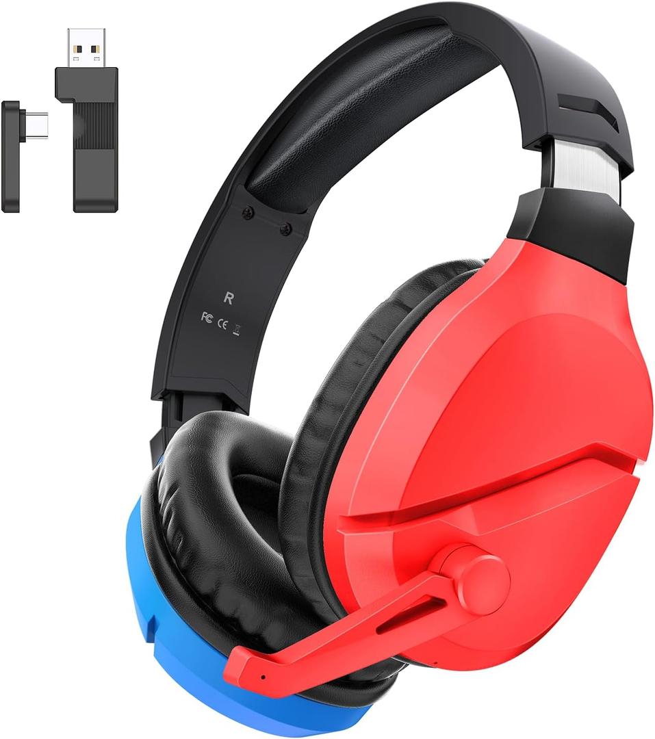 Wireless Gaming Headset with Noise Canceling Microphone for PS5, PC, PS4, 2.4G/Bluetooth Gaming Headphones with USB and Type-c Connector, Wired Mode for Controller - Blue and Red