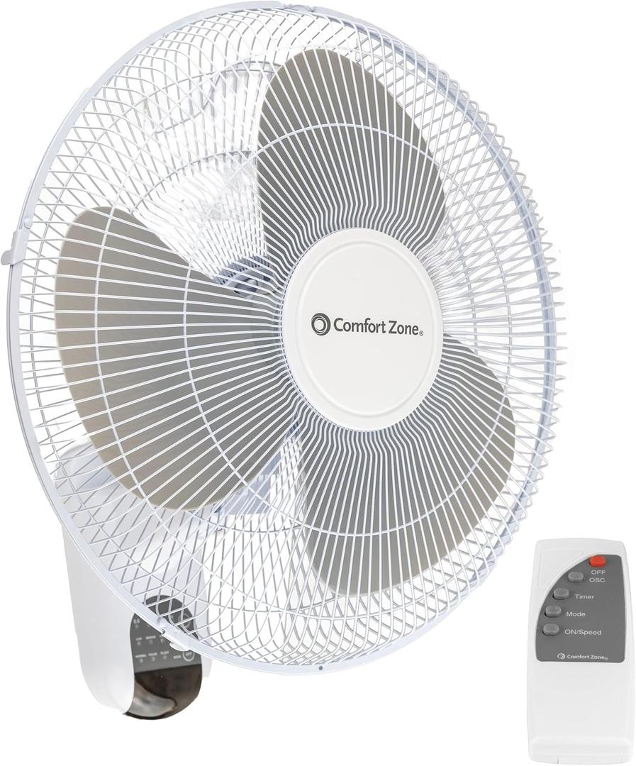 Comfort Zone 16-Inch Fan with Remote Control Quiet 3-Speed Oscillating Indoor Fan with 90 Wide-Angle Airflow, Timer & Sleep Modes Space-Saving Wall Fan for Bedroom, Home Gym & Office, White