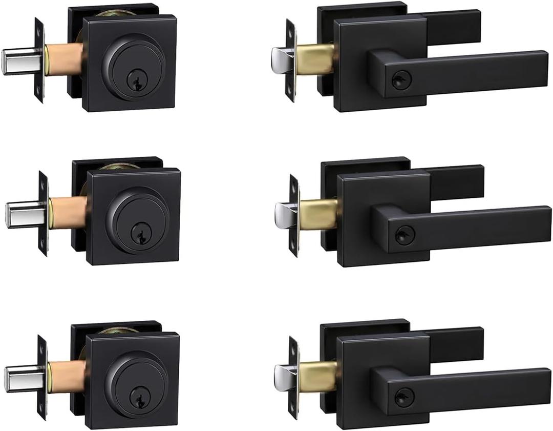 Exterior Door Lock Set with Deadbolt, Front Door Handle Set with Deadbolt, Door Levers Single Cylinder Deadbolt Set, Keyed Alike Heavy Duty Keyed Entry Handles Locksets,(Matte Black,3Pack)