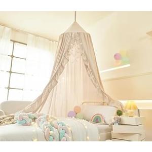 Mengersi Bed Canopy for Girls, Ruffled Canopy Bed Curtains Kids Canopy for Girls Room, Hanging Canopy Princess Play Tent for Reading Nook Play Room Decor (Ivory)