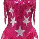 Women Music Festival Rave Fringe Trim Sleeveless Sequins Tassel Bodysuit Country Concert Nightclub Halloween Costume (Large, #Rose Red)