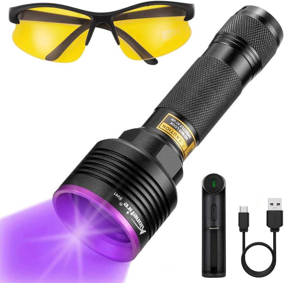 ALONEFIRE SV41 395nm UV Flashlight 10W Rechargeable Blacklight Black Light Urine Detector for Resin Curing, Dry Glue, Fishing, Minerals with UV Protective Glasses, Charger, Battery Included