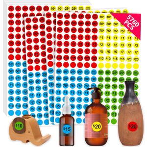 2 x 5760 PCS Pre-Priced Pricing Stickers, Sale Labels in 4 Bright Colors (Yellow/Red/Green/Cyan), Price Tag Stickers for Yard/Garage Sale, Flea Market (3/4 in Diameter)