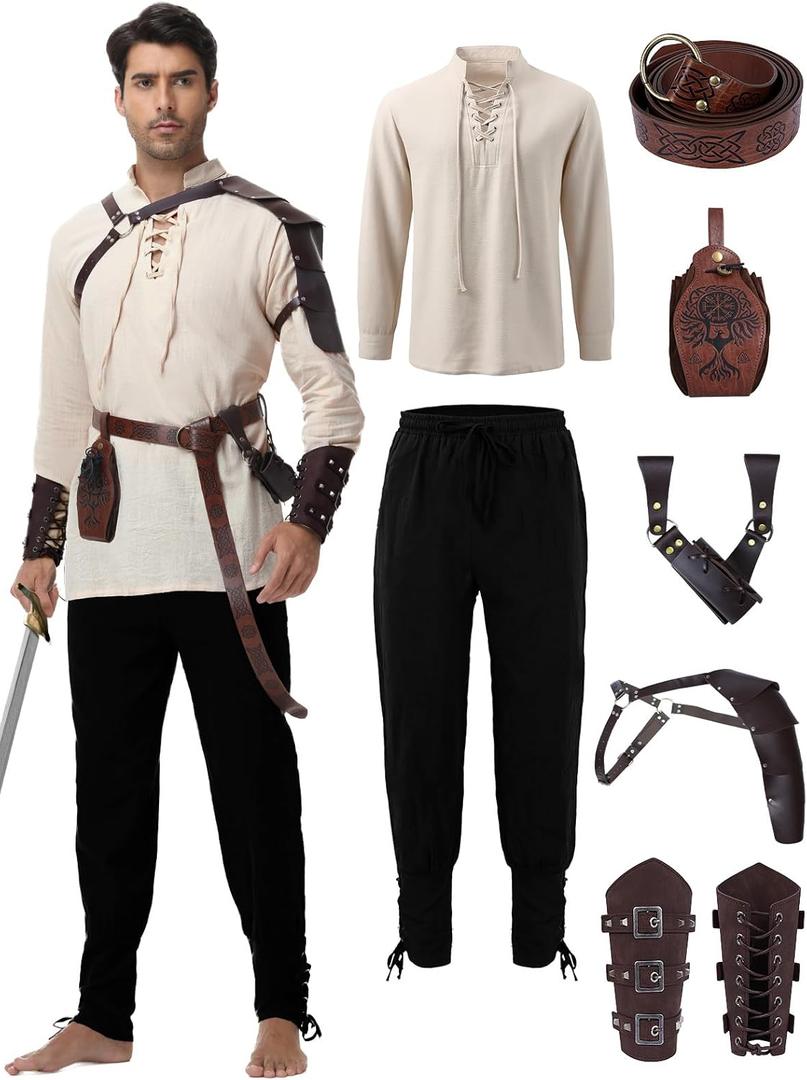 Renaissance Medieval Costume for Men - 8 Pcs Pirate Outfit Set, Halloween Costume with Viking Belt (Small, White-Black)