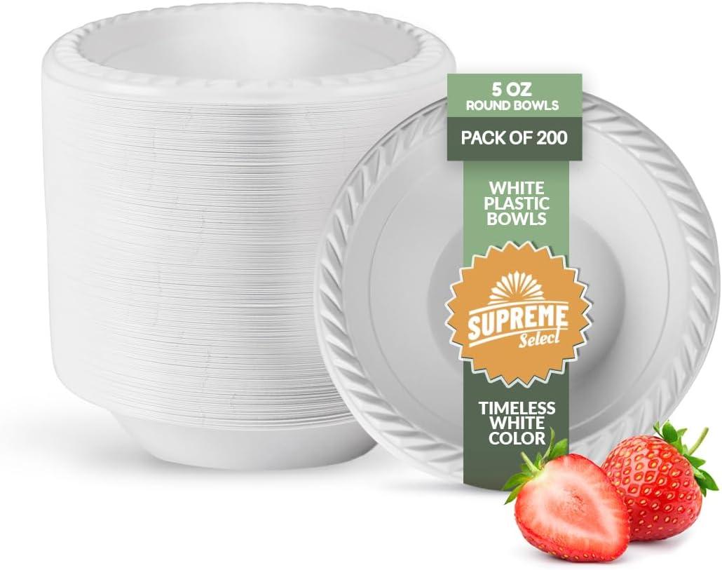 200 Pack White Plastic Disposable Bowls – 5 oz BPA-Free Microwaveable Bowls with Rim for Soup, Salad, Dessert – Sturdy Disposable Plastic Bowls for Parties, Weddings, Kitchen Use