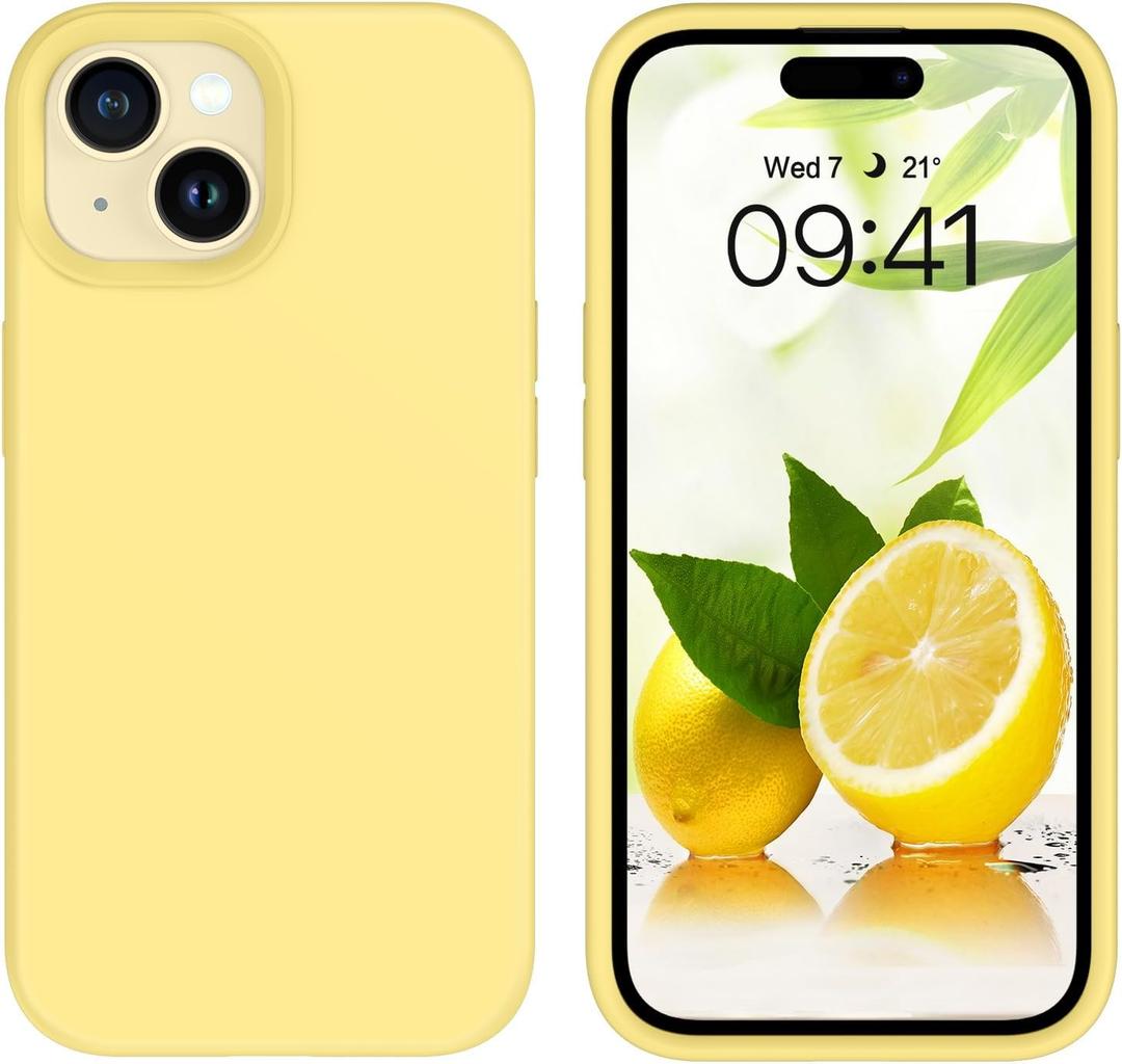 GUAGUA Compatible with iPhone 15 Plus Case 6.7 Inch Liquid Silicone Soft Gel Rubber Slim Thin Microfiber Lining Cushion Texture Cover Shockproof Protective Phone Case for iPhone 15 Plus, Yellow