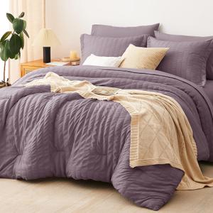 CozyLux Queen Comforter Set Dusty Purple Seersucker 7 Pieces Bed in a Bag Queen Comforter Set with Sheets, Luxury Bedding Sets with Down Alternative Comforter, Sheets, Pillowcases & Shams All Seasons