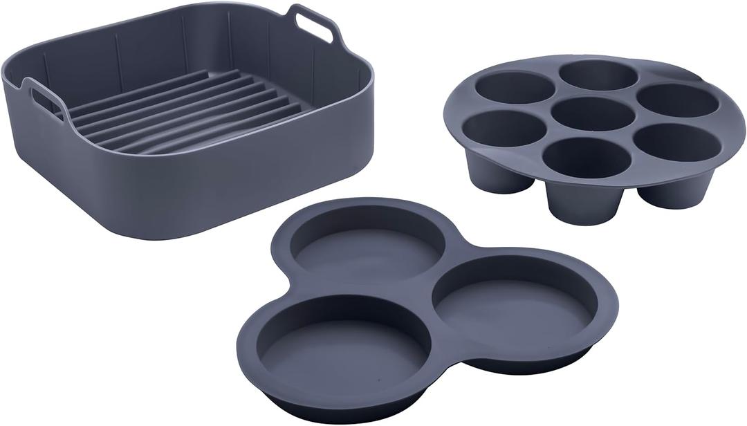 Gourmia Air Fryer Accessories Set - 3 Piece Silicone, Liner, Egg Bite Cooker, 7-Hole Cupcake Mold, BPA-Free, Nonstick, Heat Resistant 445F, Dishwasher Safe, Food Grade