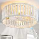 20 Inch Wood Beaded Ceiling Fan with Lights Remote Control Flush Mount,Boho Ceiling Fan Caged Low Profile Fandelier for Bedroom,Dining Room,Living Room,White