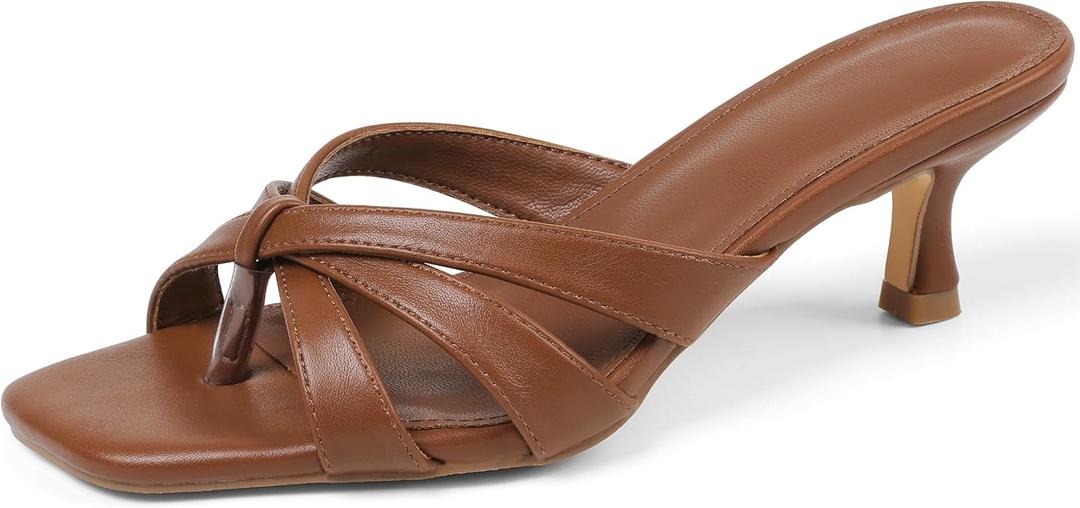 Femflame Black Kitten Heels for Women Flip Flops Strappy Heels Summer Square Open Toe Slides Mules Low Heels Women's Heeled dressy Sandals Brown Size 7