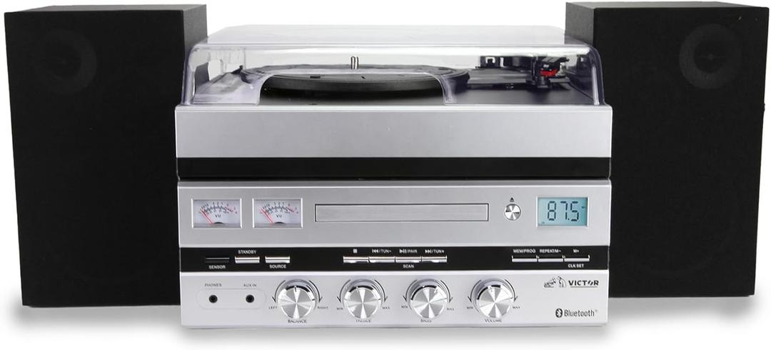 Victor VDTS-5400 Geneva 5-in-1 Music Center with Bluetooth, CD Player, FM Radio, USB Playback, Aux Input, Remote Control, and Detached Stereo Speakers  Perfect for Home Music Lovers