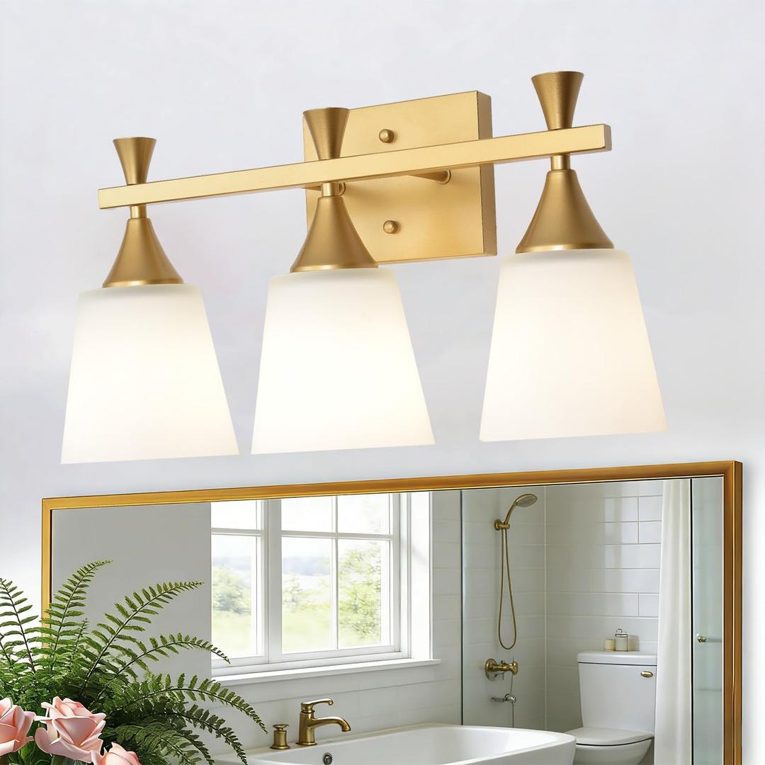 3 Light Modern Bathroom Vanity Light, Milk Glass Wall Light Fixtures Over Mirror, Brushed Gold Vanity Lighting for Bathroom, Living Room, Bedroom, E26 Base (Exclude Bulb)