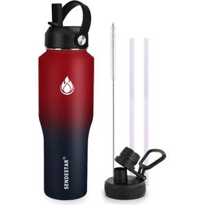 SENDESTAR Water Bottle 32oz, 2 Lids(Straw lid), Wide Mouth Stainless Steel Vacuum Insulated Double Wall Keep Liquids Cold or Hot All Day, Sweat Proof Sport Design, Fit Car Cup Holder(Red&Blue)