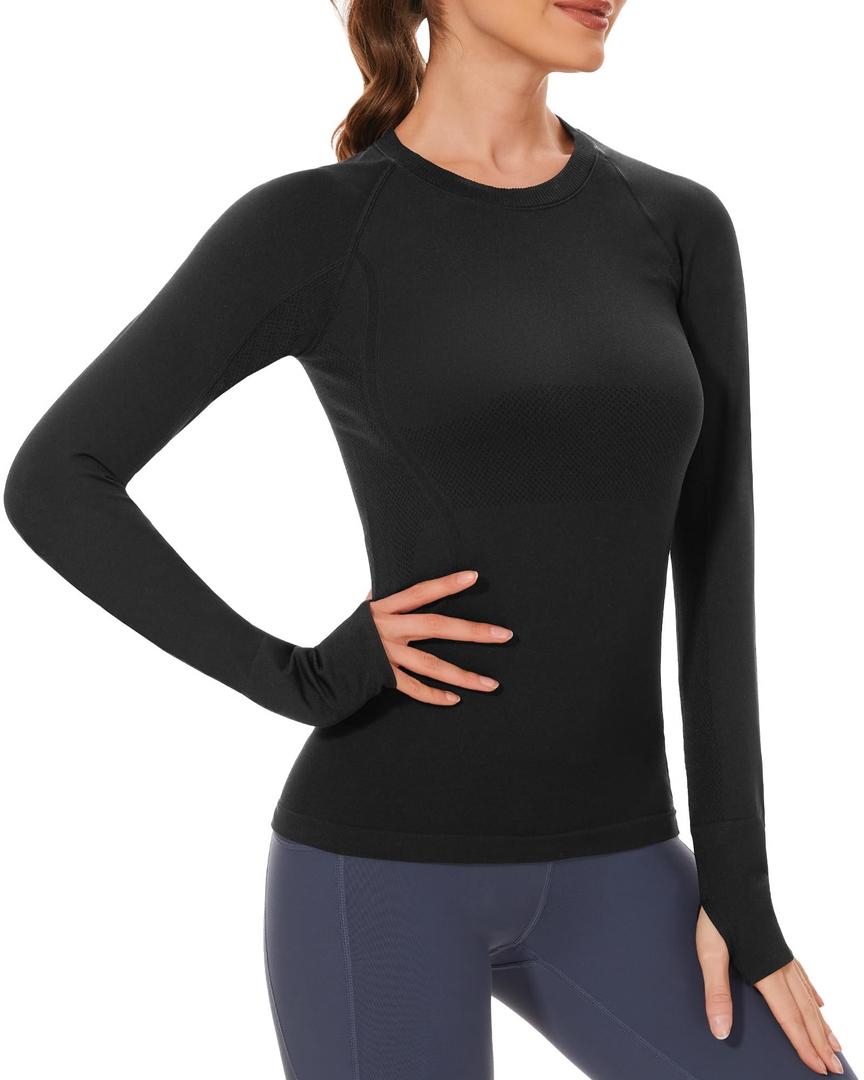 Women's Seamless Tops Long Sleeve Shirts Perfect Yoga Gym Top for Sports & Fitness Top Slim Fit (US, Alpha, Medium, Regular, Regular, Onyx Black Long Sleeve)