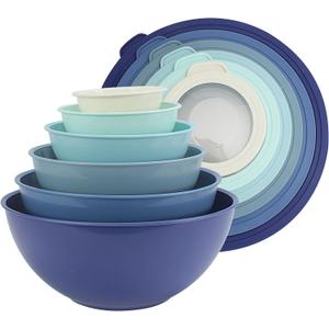 COOK WITH COLOR Mixing Bowls with TPR Lids - 12 Piece Plastic Nesting Bowls Set includes 6 Prep Bowls and 6 Lids, Microwave Safe (Blue)