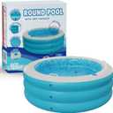 Inflatable Round Swimming Pool with Blow Up Padded Floor, Cup Holder, Handles and Drain - 60"x22" Deep Round Large Kiddie Pool Perfect for Adults and Kids Ages 4 5 6 7 8+