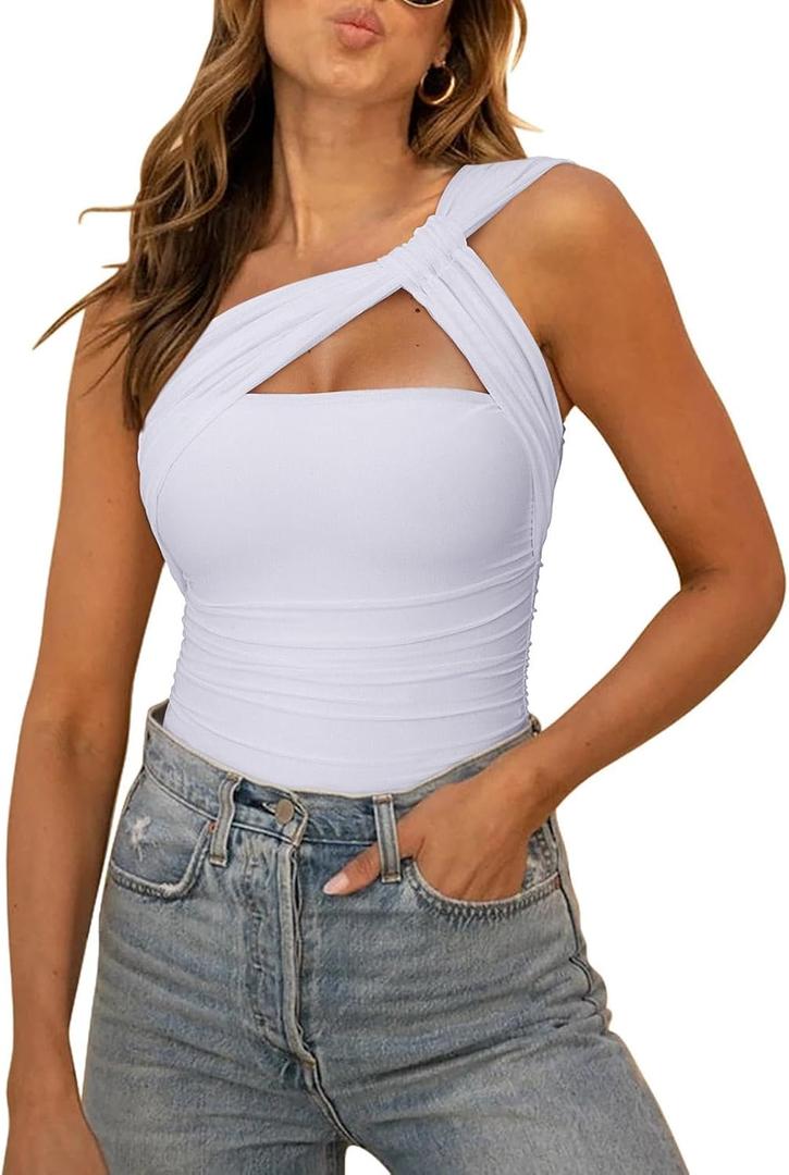 REORIA Womens Sexy One Shoulder Asymmetrical Leopard Print Mesh Ruched Backless Going Out Bodysuits Tops (Small, White)