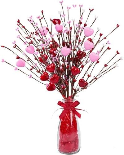 Shitailu Valentine’s Day Gifts, Artificial Red Berry Flower Stems Heart Shaped Berry Picks 4 Pcs for Valentine’s Day, Mother’s Day Chrismas, Wedding, Propose(NO VASE)