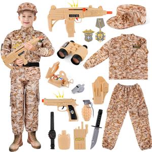 deAO Army Soldier Dress Up for Kid Military Costume Set Role Play with Helmet Accessories Solider Boy Dress up Halloween (Large, Yellow)