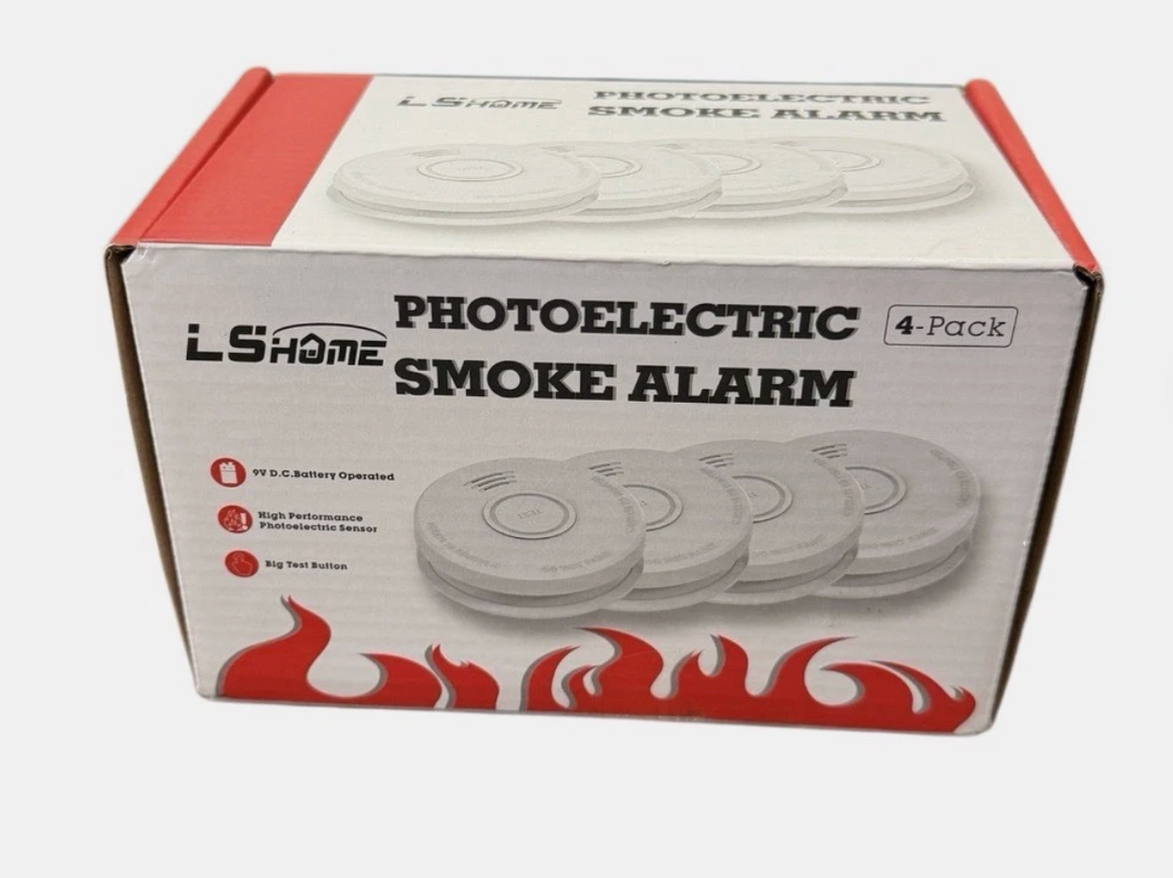 Smoke Alarms LS Home Photoelectric Smoke Alarm 9V Battery Operated 4 Pack *NIB