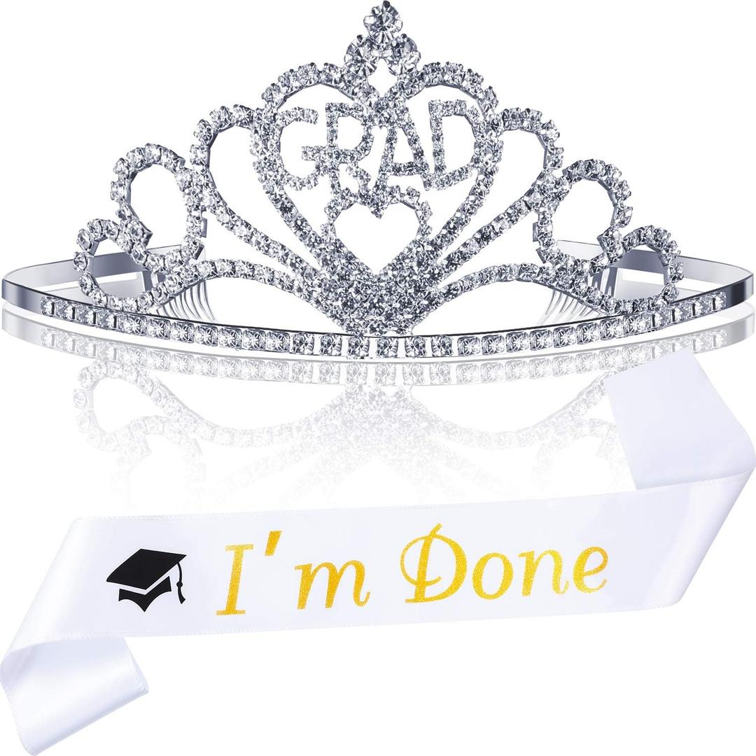 Chinco 2026 Graduation Crown and Graduated Sash Glittered Metal Princess Tiara Crown Graduation Party Supplies Kits Ideal Gifts for Graduation Party Decorations Grad Decor Favors (White I'm Done)