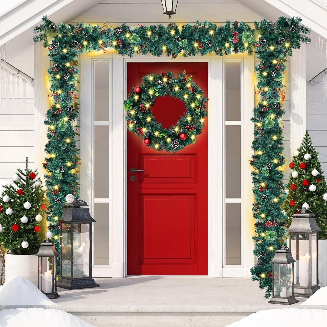 5 Christmas Garland Decorations Set Includes 2 Pcs 6ft Christmas Garland with Lights 19.7" Large Christmas Wreath a Hanger and 1000 Zip Ties for Mantle Stairs Railing Fireplaces