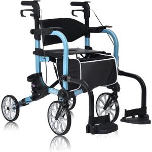 2 in 1 Rollator Walker for Seniors-Folding Transport Wheelchair Rollator with 10" Big Pneumatic Rear Wheels and Detachable Footrests,Medical Walker with Seat Blue