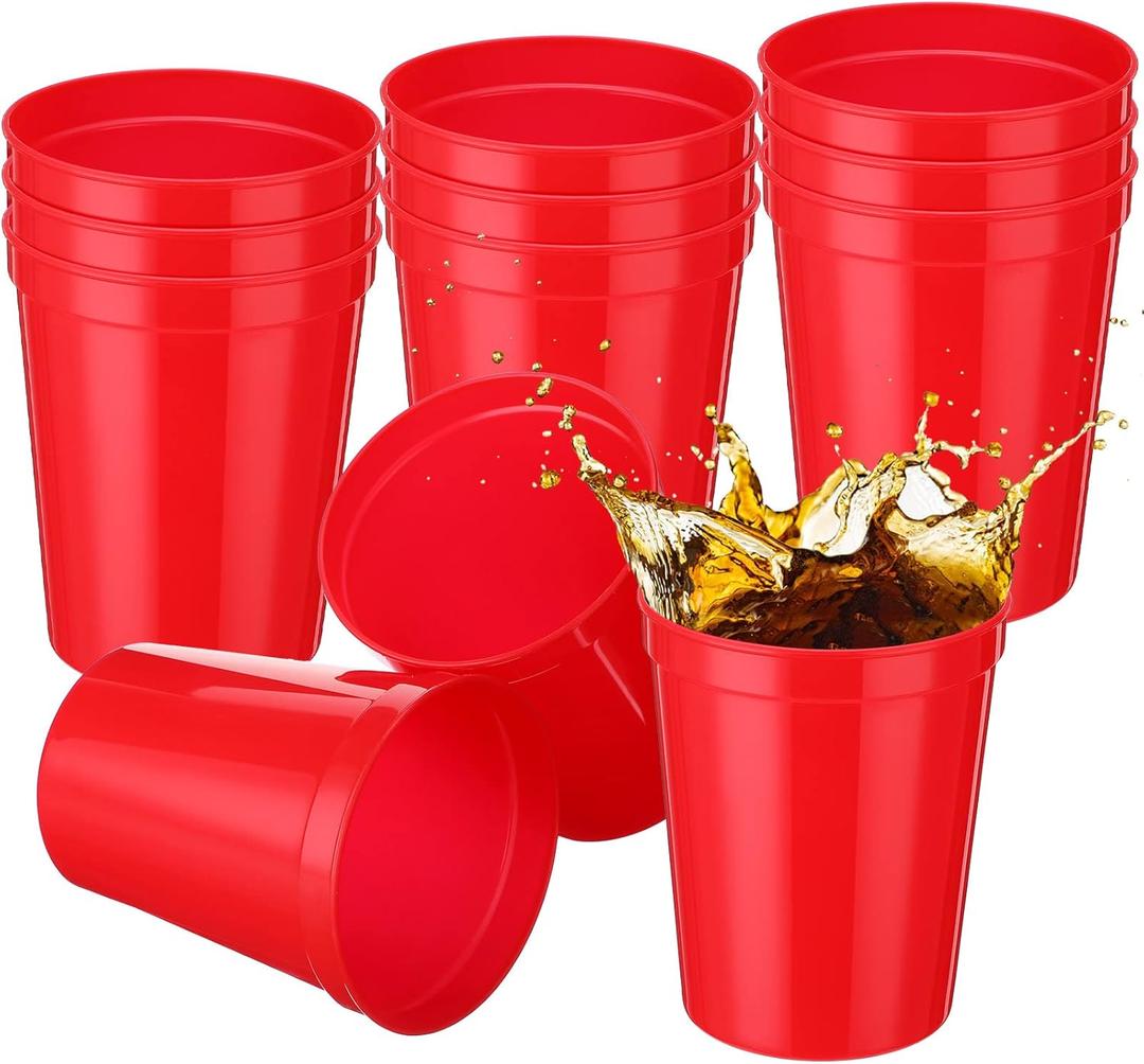 Yungyan 12 Pack 16oz Stadium Cups Reusable Plastic Cups Blank Drink Tumblers for Parties, Events, DIY Projects, 4.5 x 3.54 x 2.72 Inch (Red)