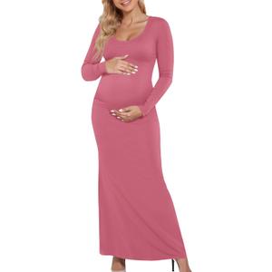 Yousify Womens Scoop Neck Maternity Maxi Dress Split Long Sleeve Slim Fit Split Casual Pregnancy Clothes for Baby Shower (Large, Dark Pink)