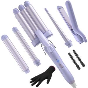 5 in 1 Wand Curling Iron-Curling Wand Set with Hair Straightener, 3 Barrels Hair Crimper Iron, 3 Ceramic Curling Irons (0.35 "-1.25"), 2 Temps Fast Heat Hair Curler Waver with Glove & Clip-Purple