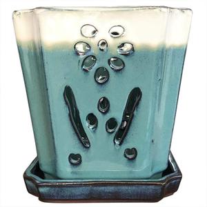 YMD Planter Orchid Orchid Pot Ceramic Orchid Planter with Drainage Holes Square Pots for Orchids Flower Planter Large Indoor and Outdoor Flower Pot(Cream Over Teal Jade)