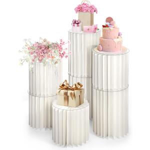 Dyna-Living Cylinder Stands for Party 7PCS Foldable Cylinder Pedestal Stands Display for Wedding, Cake Pedestal Stand with Acrylic Plate, Round White Cylinder Column Table Roman Pillar for Wedding