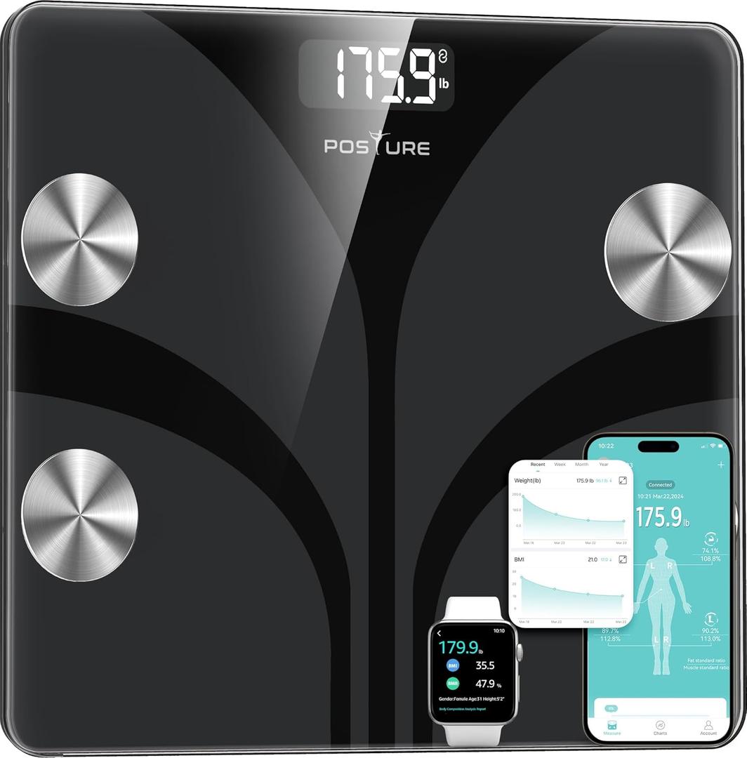 Posture Scale for Body Weight, Digital Bathroom Smart Scale, 13 Body Composition Analyzer Sync Weight Scale BMI Health Monitor Sync Apps 400lbs - Black (11.8*10.2)