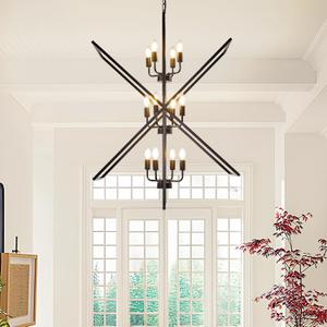 Black Chandelier, 12-Light Industrial Farmhouse Ceiling Pendant Light Fixtures, Modern Foyer Lighting Fixtures, Large Chandeliers for High Ceilings,Pendant Lights Kitchen Island for Staircase,Entryway