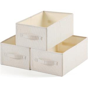 Linen Folding Storage Bins, 3 Pack Large Storage Baskets, Washable, Clothing Storage Bins with Handle, Closet Organizer for Storage Sweater,Sheets (Beige, 16"x9"x6")