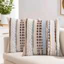 Emvency Boho Throw Pillow Covers 18x18 Inches Set of 2, Light Blue Chenille Tufted Farmhouse Striped Chic Modern Art Square Decorative Couch Pillowcases for Home Decor Bedroom Sofa Living Room