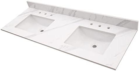 MSI Vanity Top | Calacatta Lumas | 61" x 22"
Cool White | 2 cm Thickness | Pack of 1 | Polished Finish | Engineered Marble | Double Ceramic Sinks | 4" Faucet Hole Spacing