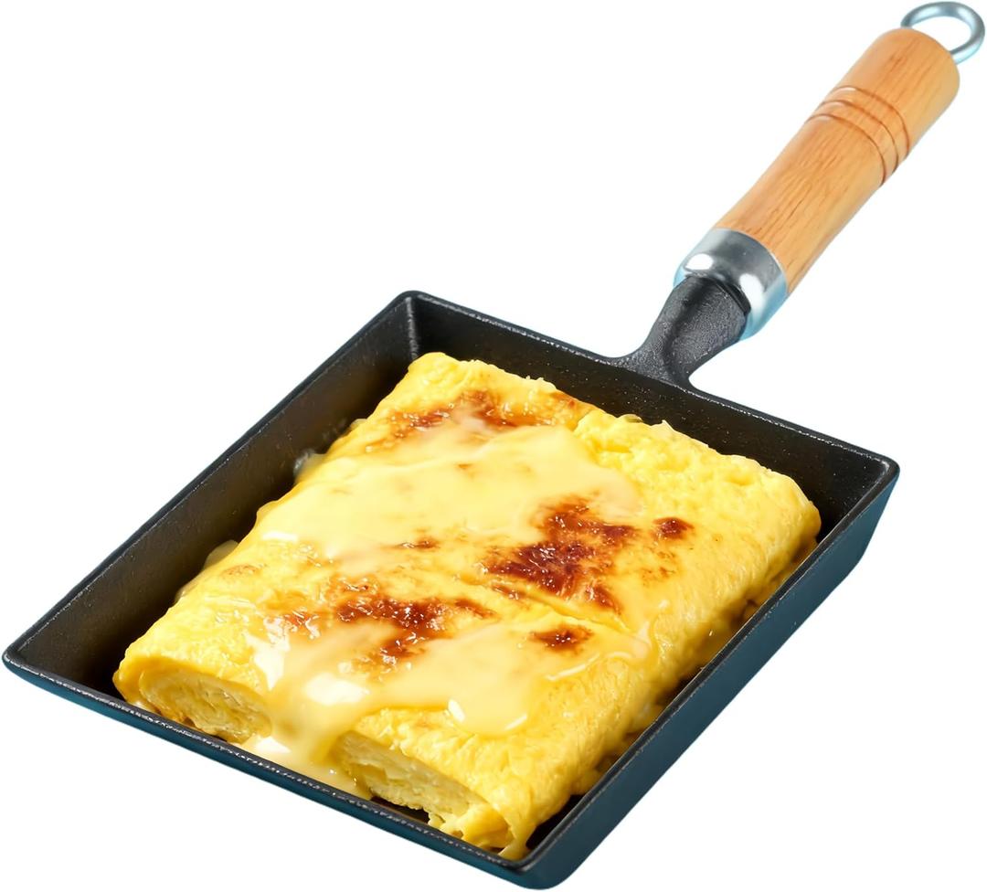 Cast Iron Tamagoyaki Pan, Healthy Japanese Omelette Pan & Square Egg Frying Pan with Wooden Handle, Gas & Induction Ready, Naturally Nonstick Surface