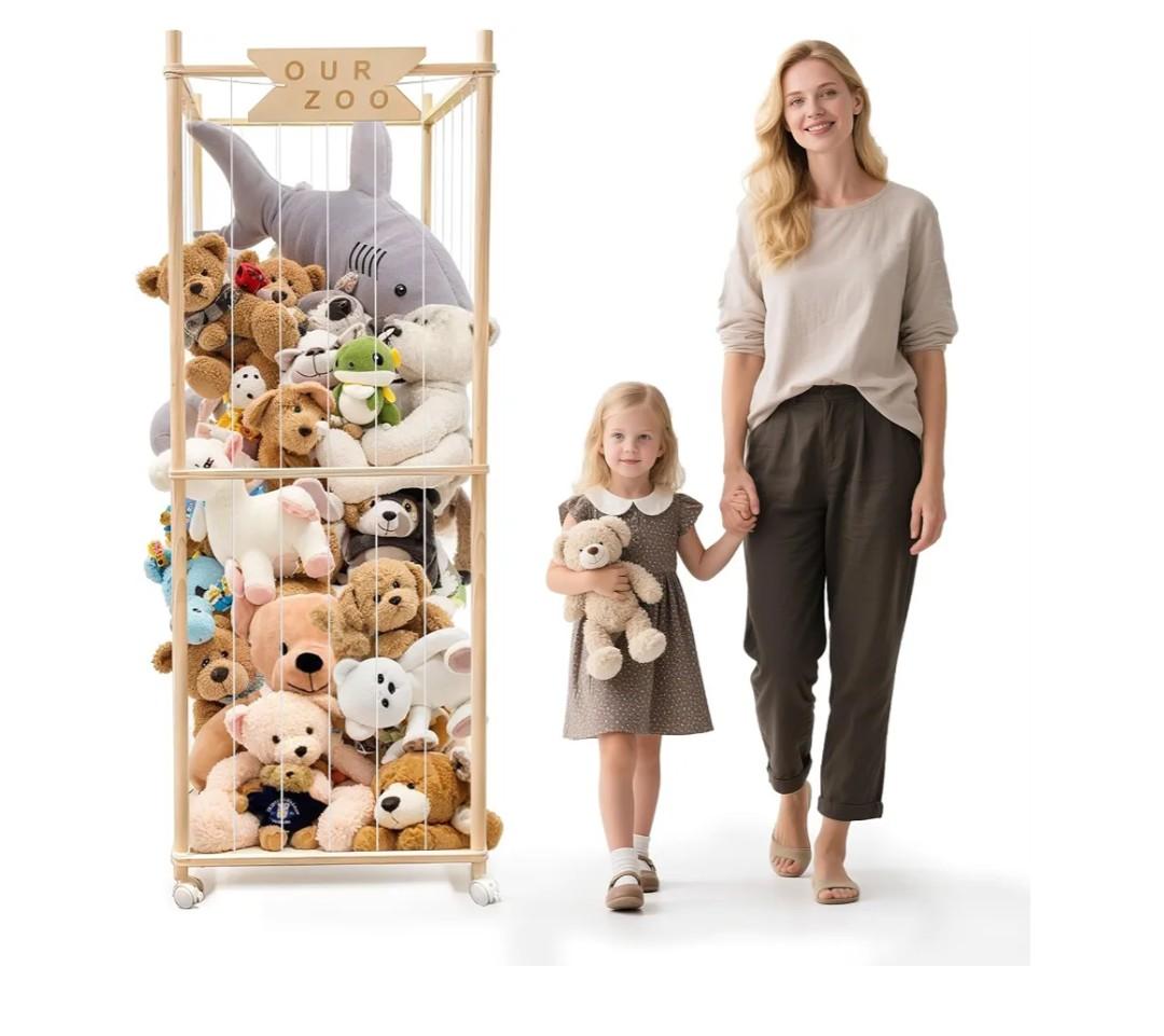 Stuffed Animal Storage Zoo with Wheels, Wooden Large Stuff Animals Plushies Holder, 22.5" D x 22.5" W x 64" H Toy Organizer Storage Cage with Elastic Band and Net for Nursery Playroom Bedroom