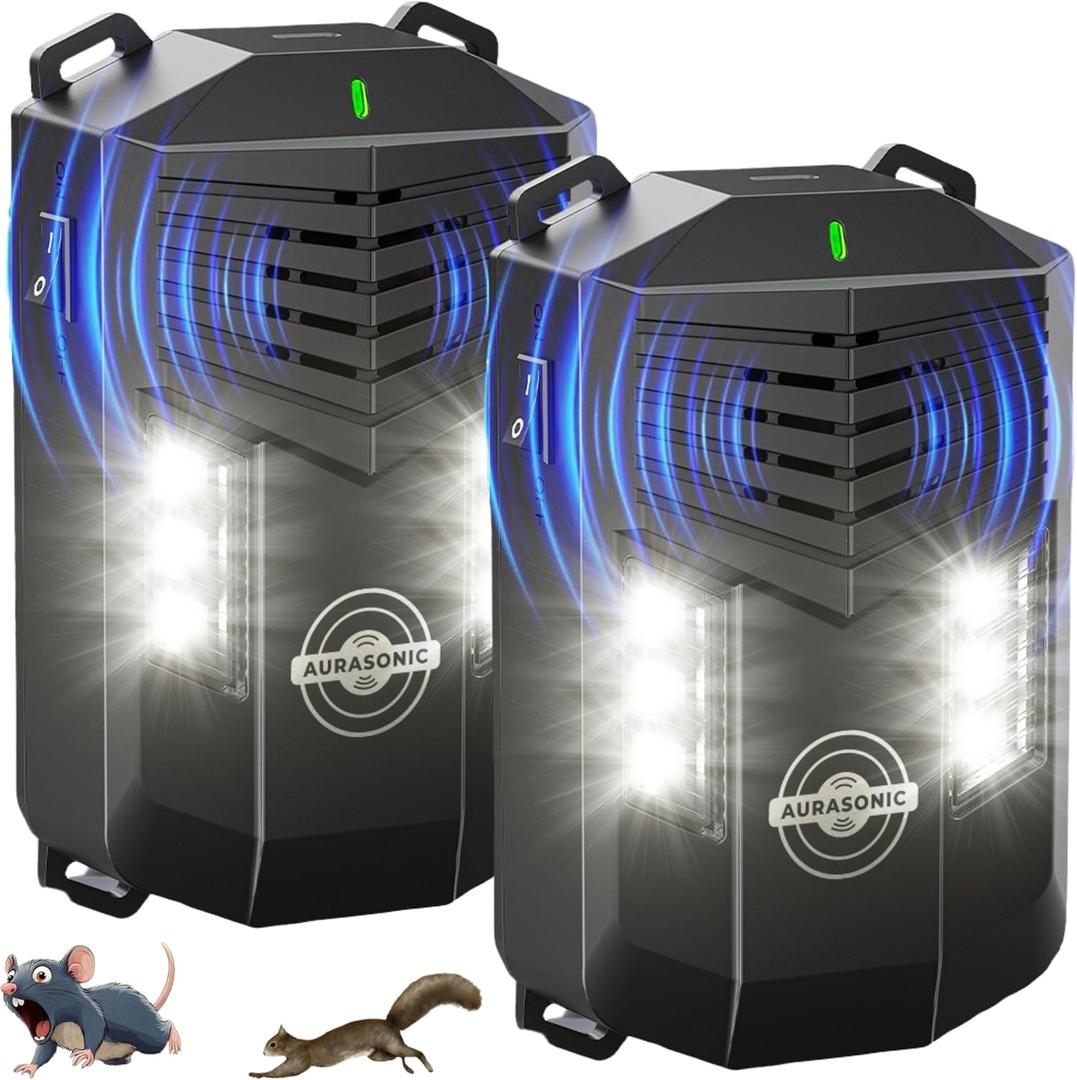 Aurasonic 2026 Upgraded Ultrasonic Rodent Pest Repellent for Car Engine - Under Hood Mouse Repeller Traps Double Flash Light Keeps Rats & Mice Away from Vehicle Automobile Truck Garage Attic - 2 Pack