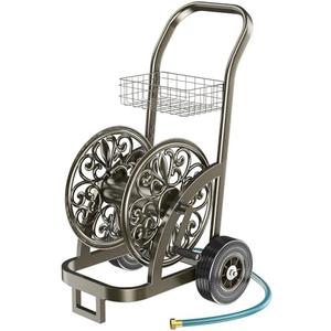 GOFORWILD Garden Hose Reel Cart with Wheel, Hold up to 200 Ft of 5/8" Hose, Heavy Duty Steel Frame Water Hose Reel Cart with Storage Basket, Mobile Hose Reel for Outside Garden Lawn Yard